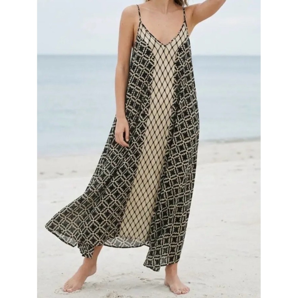 Haute Hippie Black Beige Cotton Printed Maxi Dress S Boho Resortwear Beachy